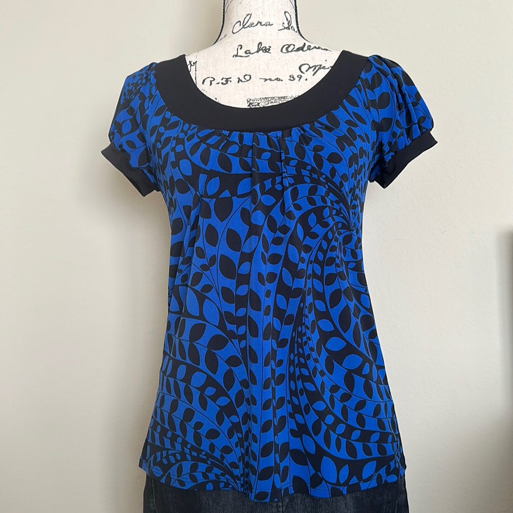 INC International Concepts Women's Blue Black Geometric Ruched Puff Sleeve Top S